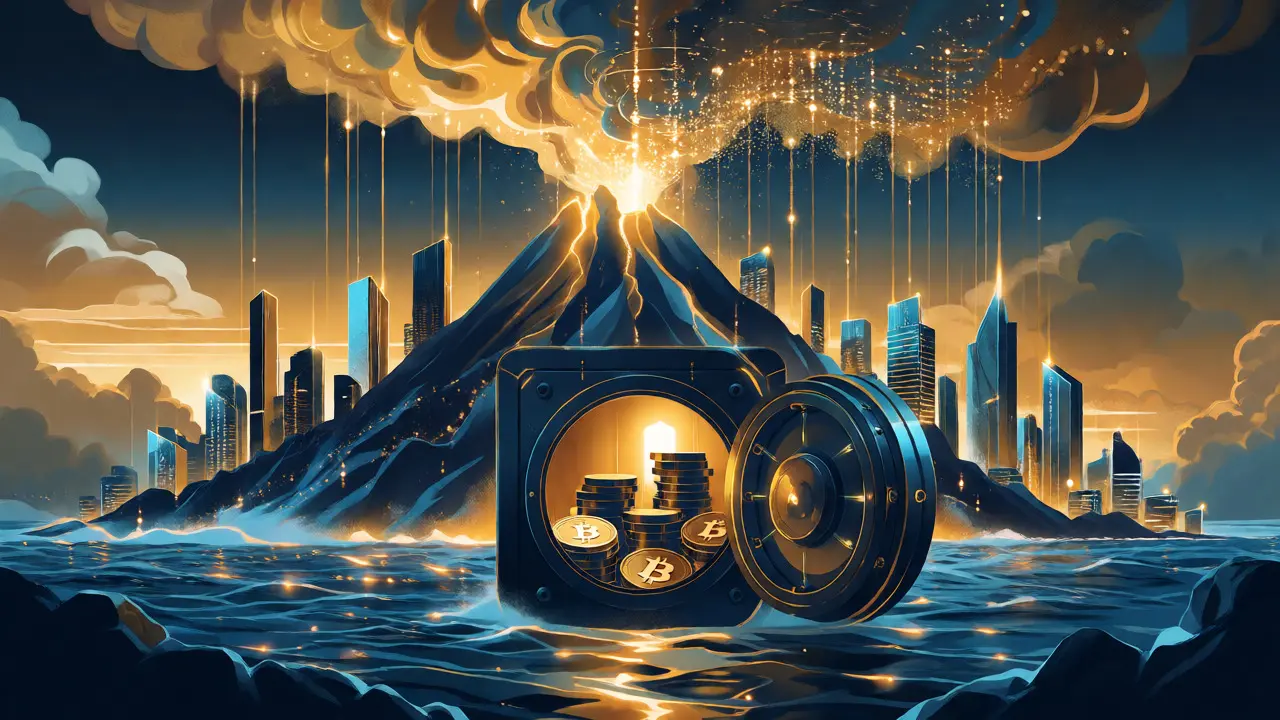 Futuristic illustration of a volcano powering a digital Bitcoin city skyline.