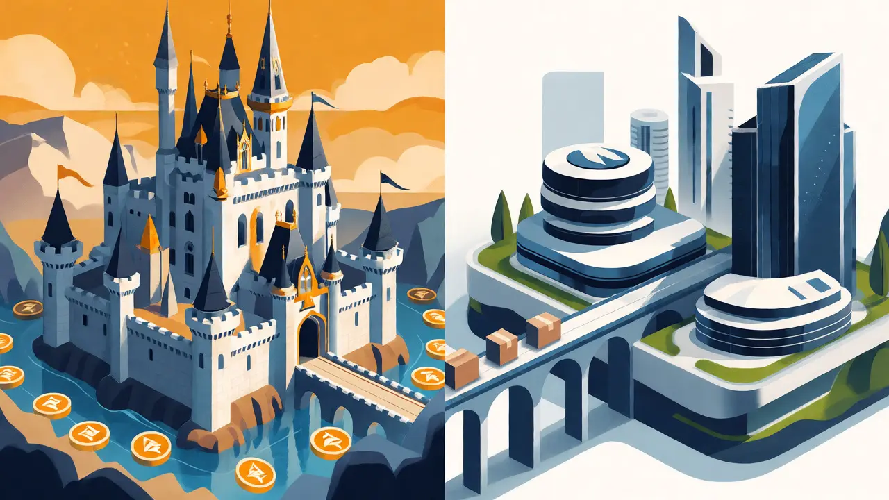 Illustration comparing expensive Ethereum mainnet castle with efficient Layer-2 solution buildings.