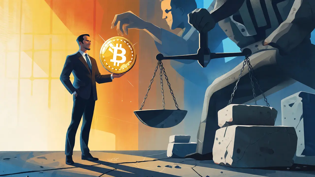 Illustration of political figure balancing Bitcoin against IMF financial pressures.