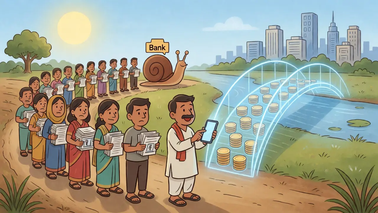 Illustration showing easy DeFi access via smartphone versus long queues for traditional bank paperwork.