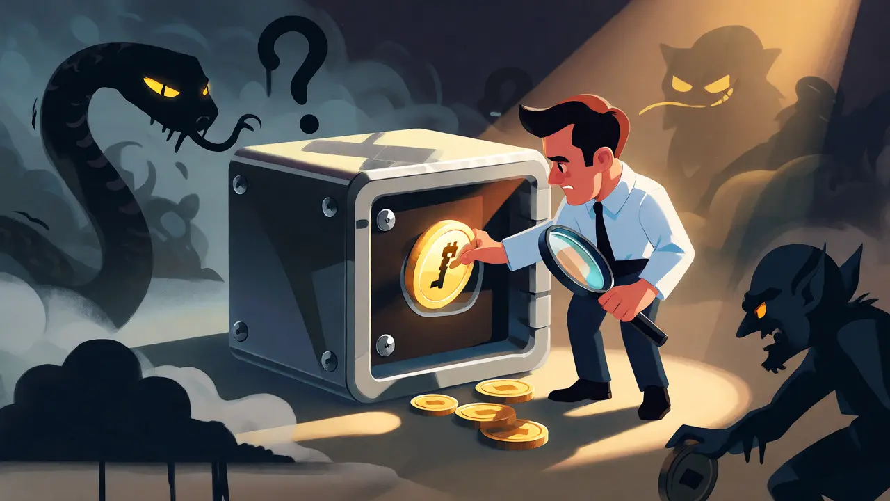 Investor securing crypto in a hardware wallet safe surrounded by risk monsters.