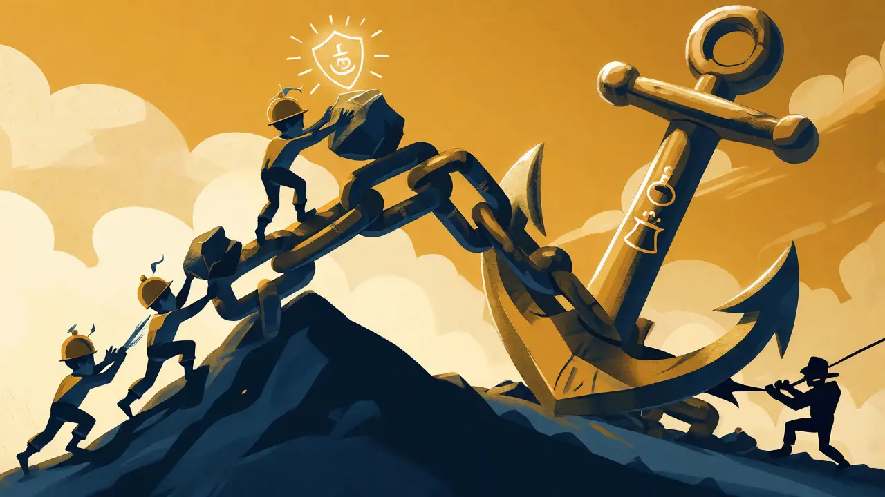 Metaphorical illustration of miners securing the blockchain against reversal attempts.
