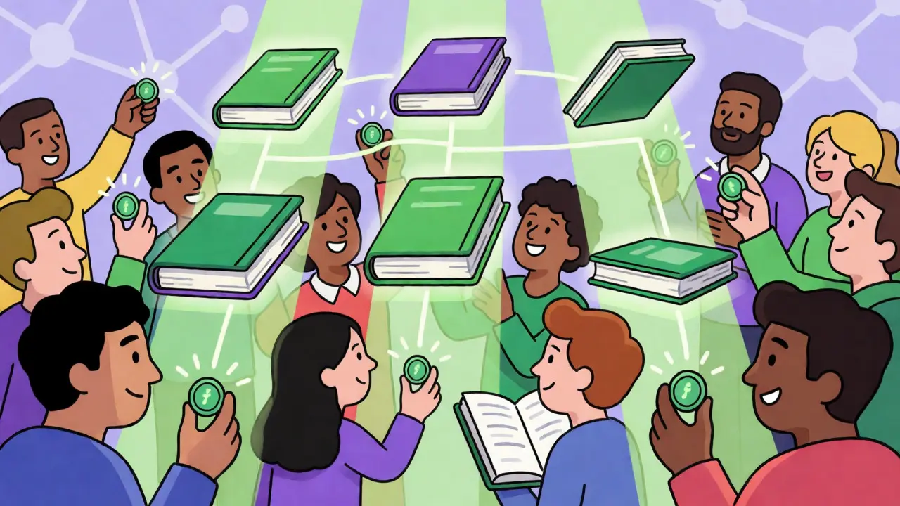 Readers staking tokens on floating books in decentralized marketplace