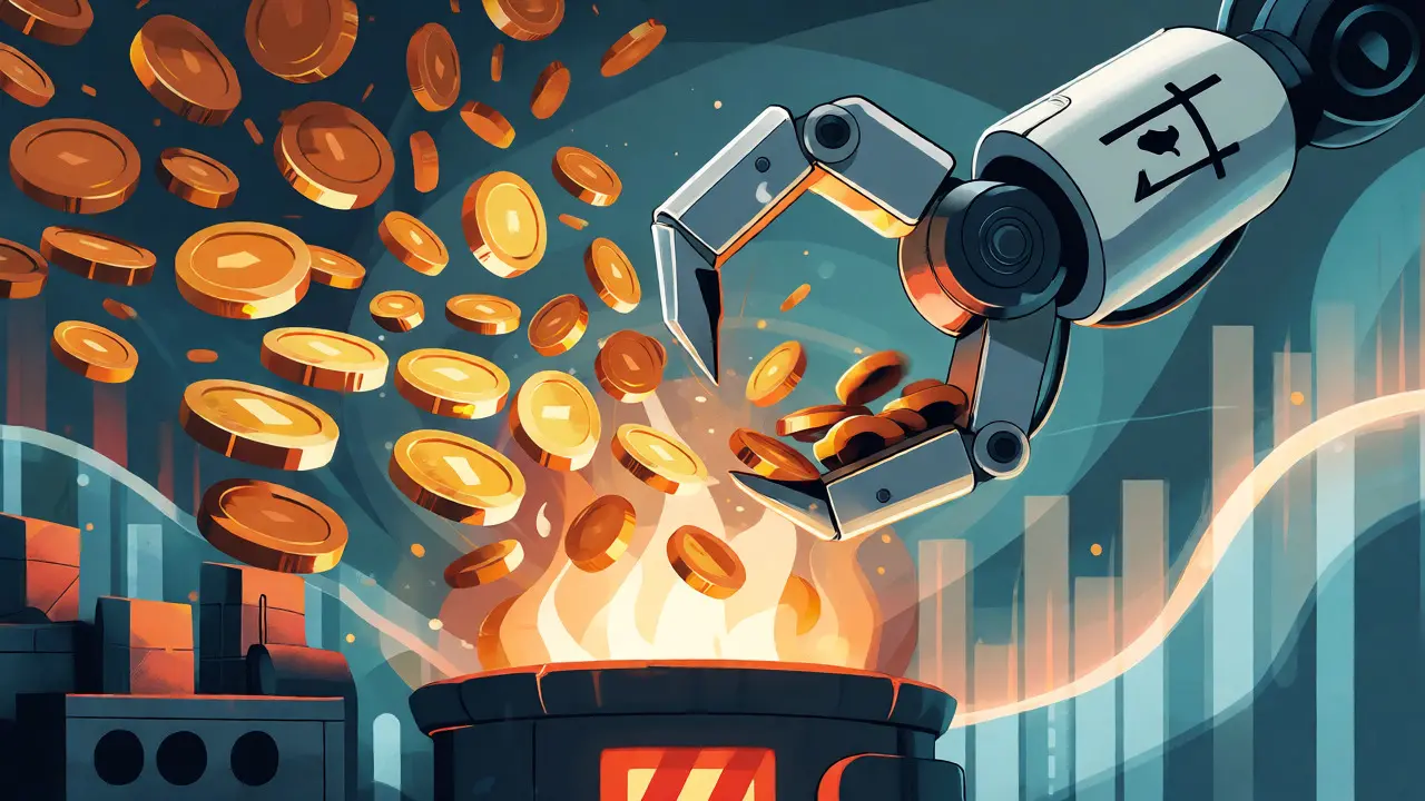 Robotic arm burning tokens fed by revenue streams in a cartoon illustration
