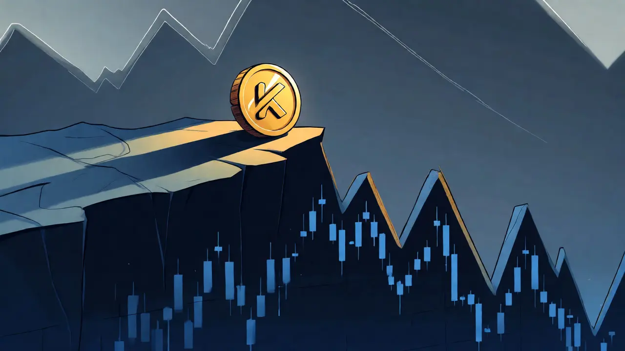 Small crypto coin balancing on a steep decline chart