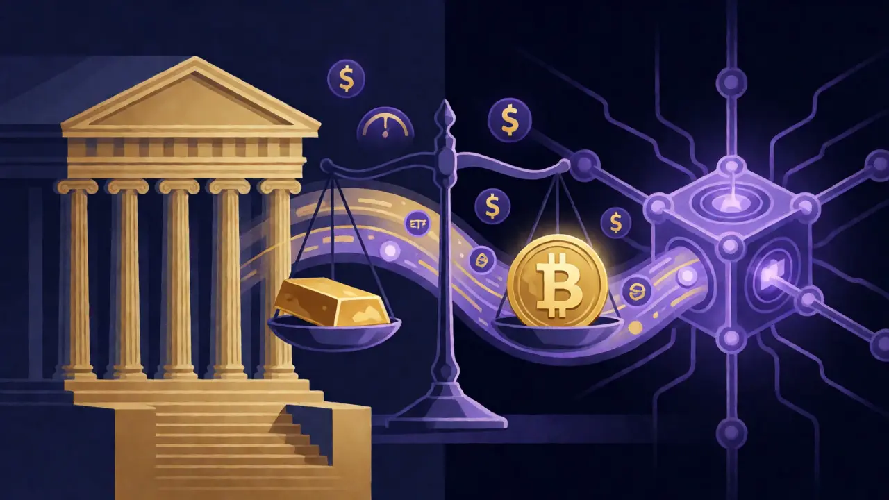 Split illustration connecting Wall Street and blockchain via a data bridge, balancing gold and Bitcoin.