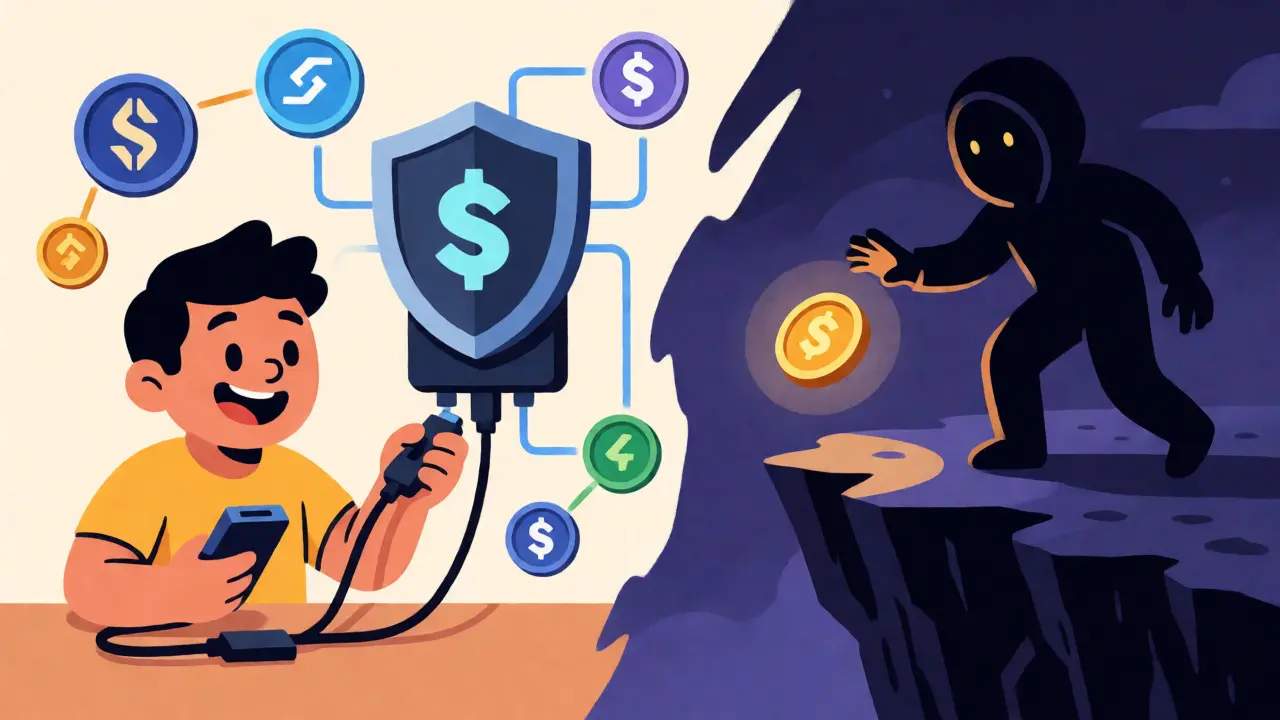 Split-scene cartoon showing secure wallet setup on one side and risky token claims on the other.