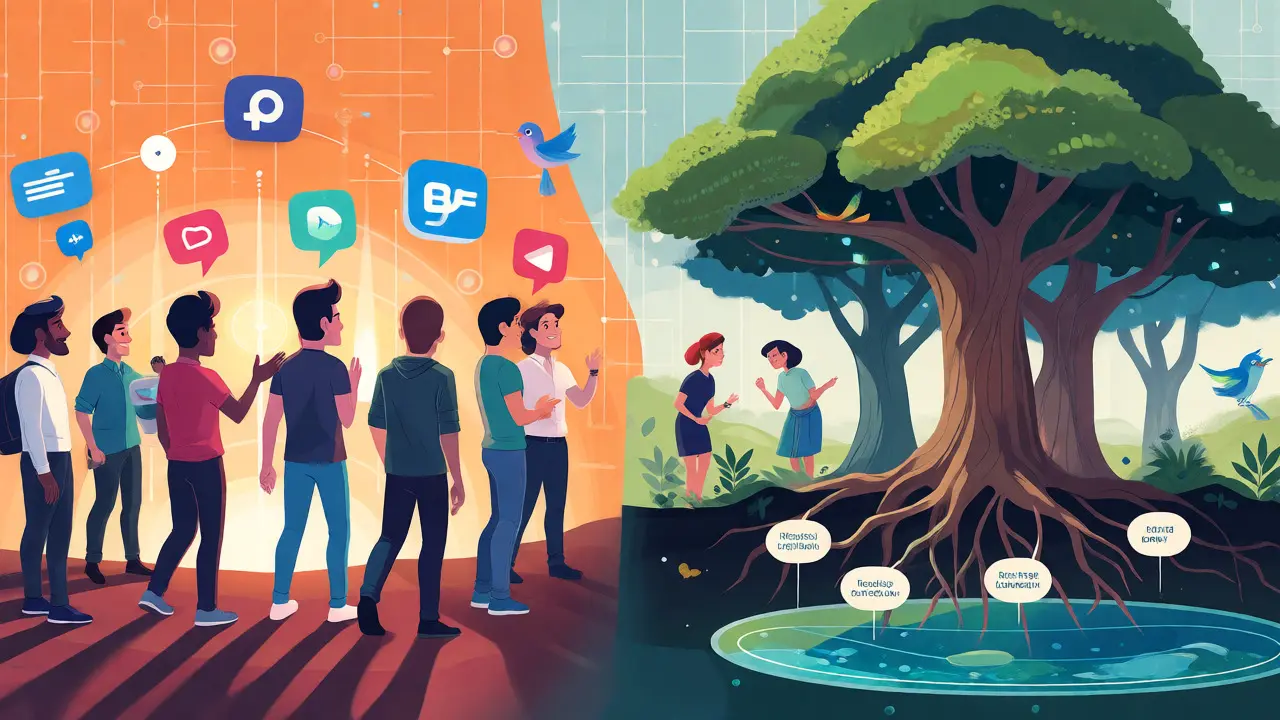 Split-scene illustration contrasting new user onboarding with long-term holder growth