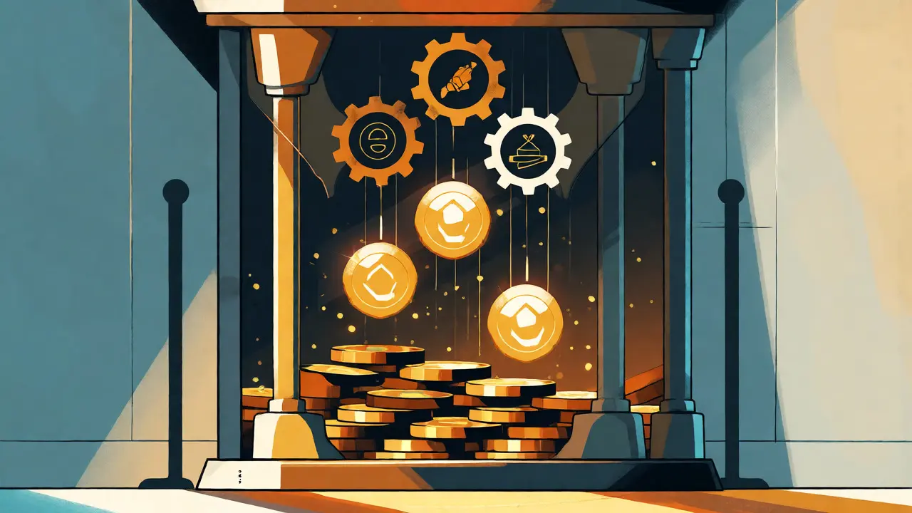 Stylized illustration of tokens being locked in a vault to generate voting power and yield rewards in a ve(3,3) model.