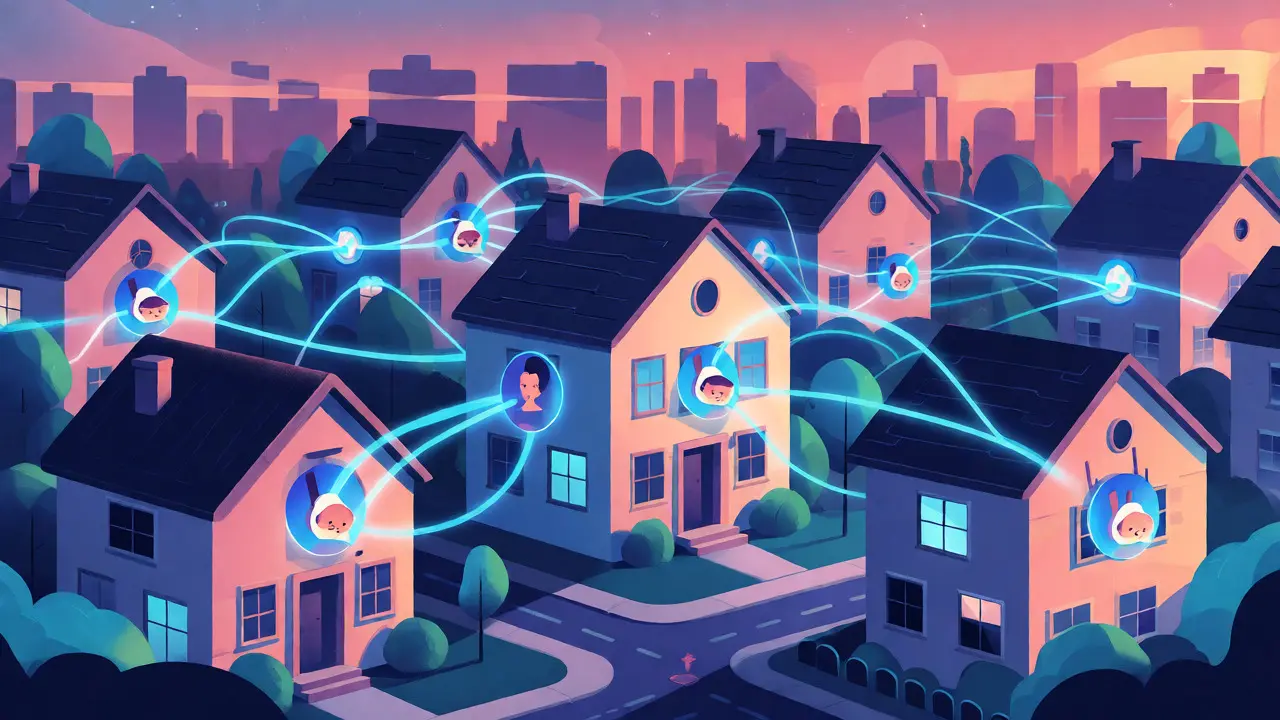Stylized neighborhood connected by glowing mesh network threads between houses