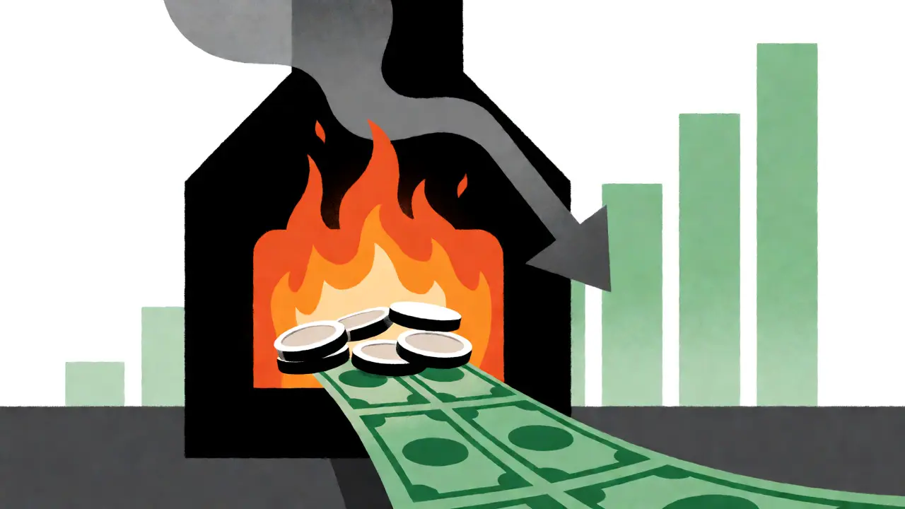 Tokens being burned in a furnace driven by revenue streams