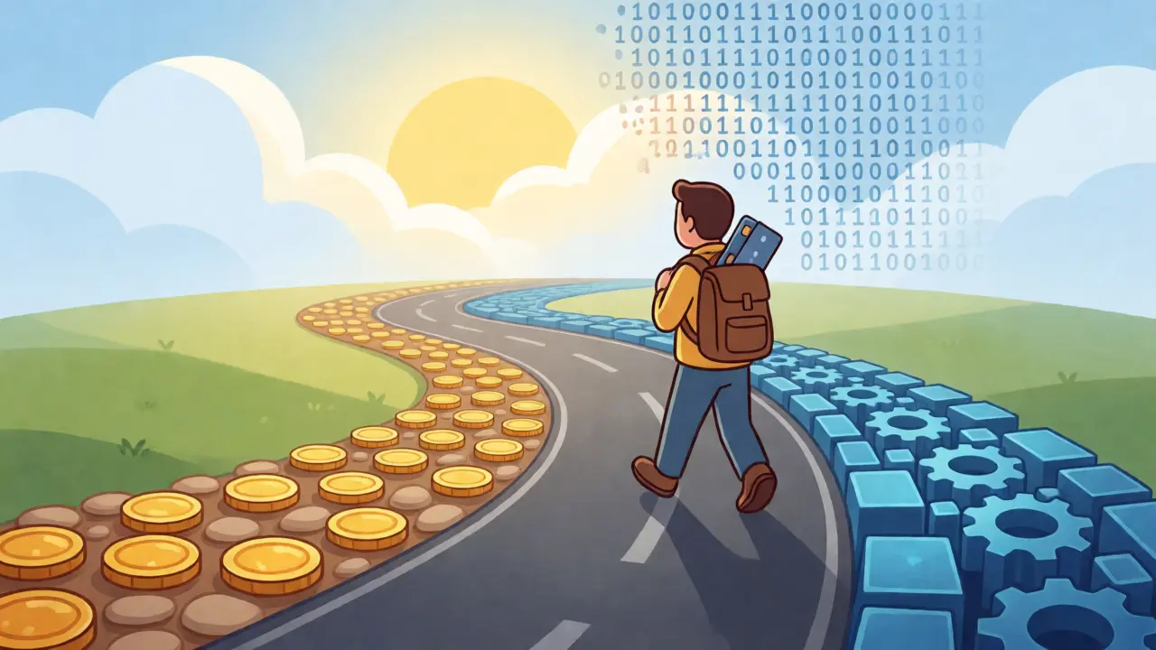 Traveler walking on a hybrid road merging centralized ease with decentralized tech