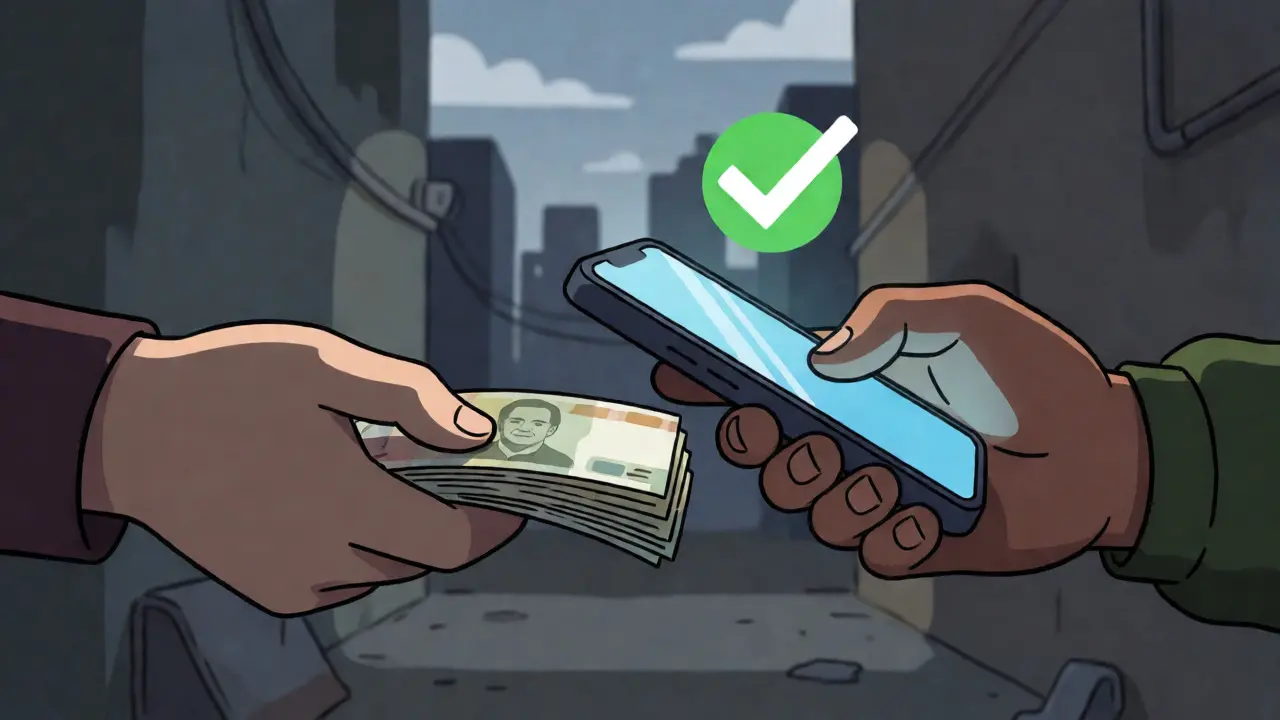Two hands exchanging cash and digital confirmation in a shadowy urban setting.