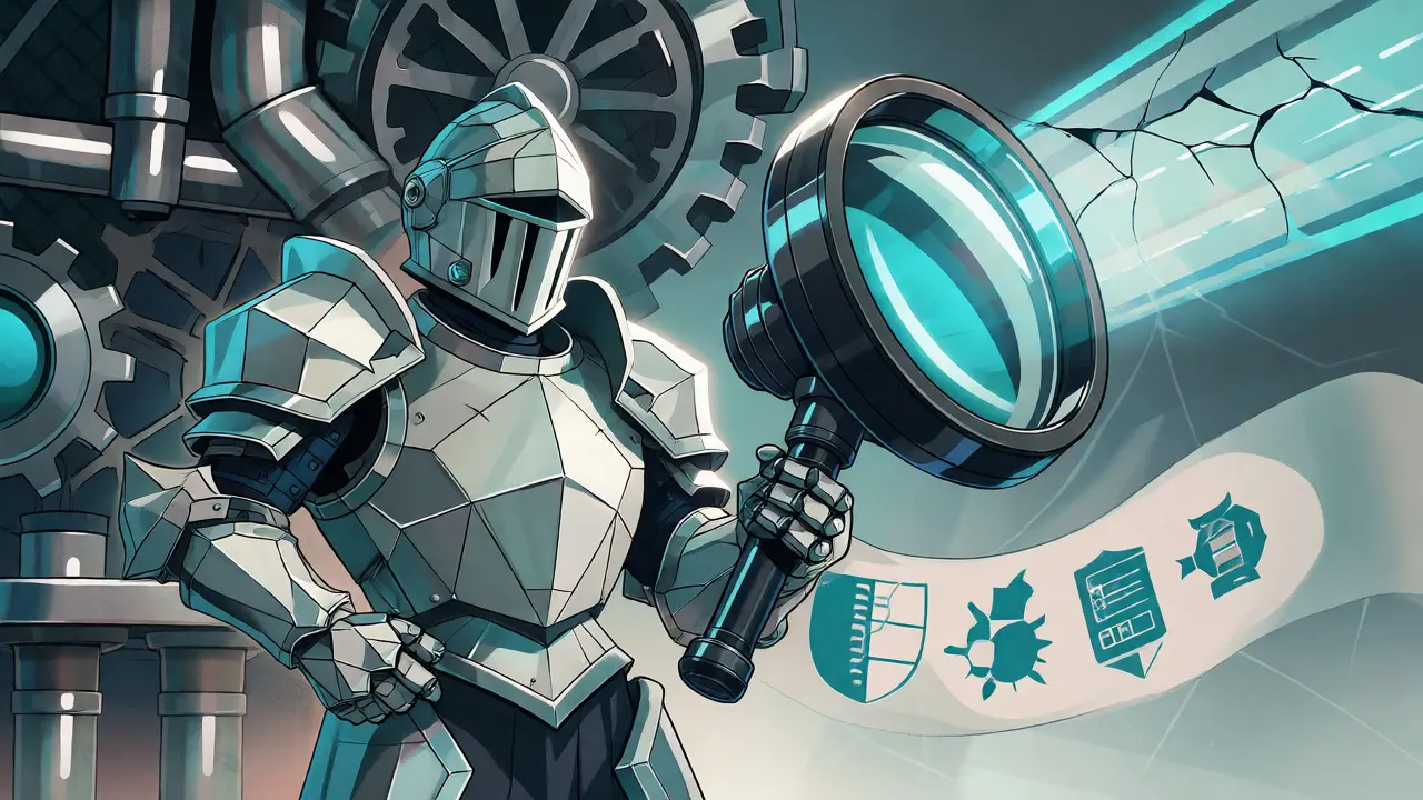 Cartoon of an armored guardian inspecting complex machinery, symbolizing smart contract security audits.