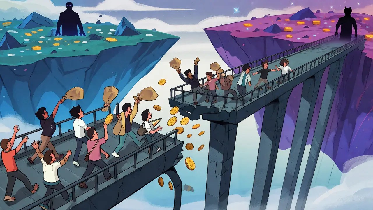 Illustration of a chaotic digital bridge where figures loot spilled coins, representing cross-chain hacks.